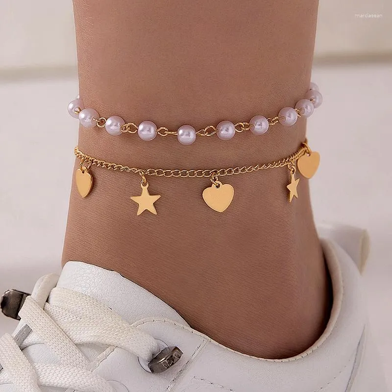 Bracelets de cheville mode amour étoile perlée pendentif pieds chaîne pour femmes Simple géométrique alliage perle pierre Double couche cheville 23831