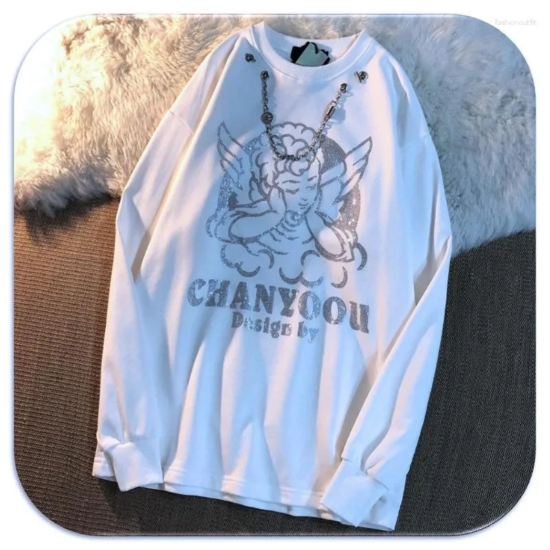 Moletom Feminino Fashion Chain Sweatshirt Women Europe/America Cartoon Angel Strass Letters Oversize Casal Moletom Ins Retro Trendy Tops