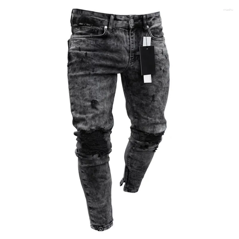 Jeans masculino cinza cintura elástica skinny 2023 elástico rasgado calça masculina streetwear jeans