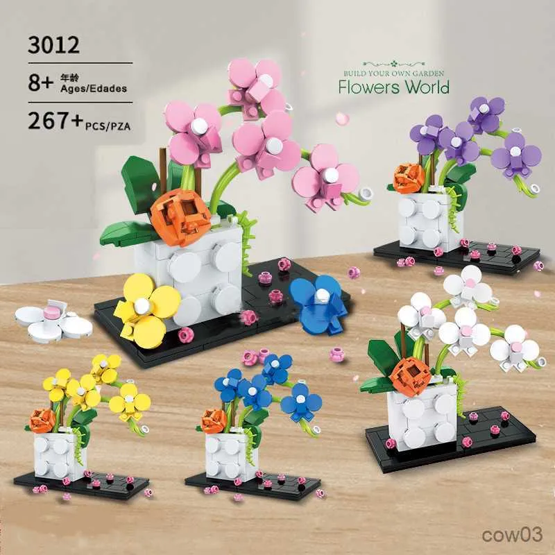 ブロックフラワービルディングブロックファラエノプシス植物鉢植えシミュレーションフラワーモデルレンガDIY子供教育アセンブリトイギフトR230718