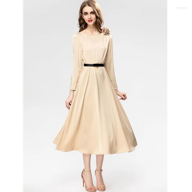 Casual Dresses Champagne Flower Appliques O-Neck Long Sleeve Button Cuffs A Line -Length Elegant Dress S