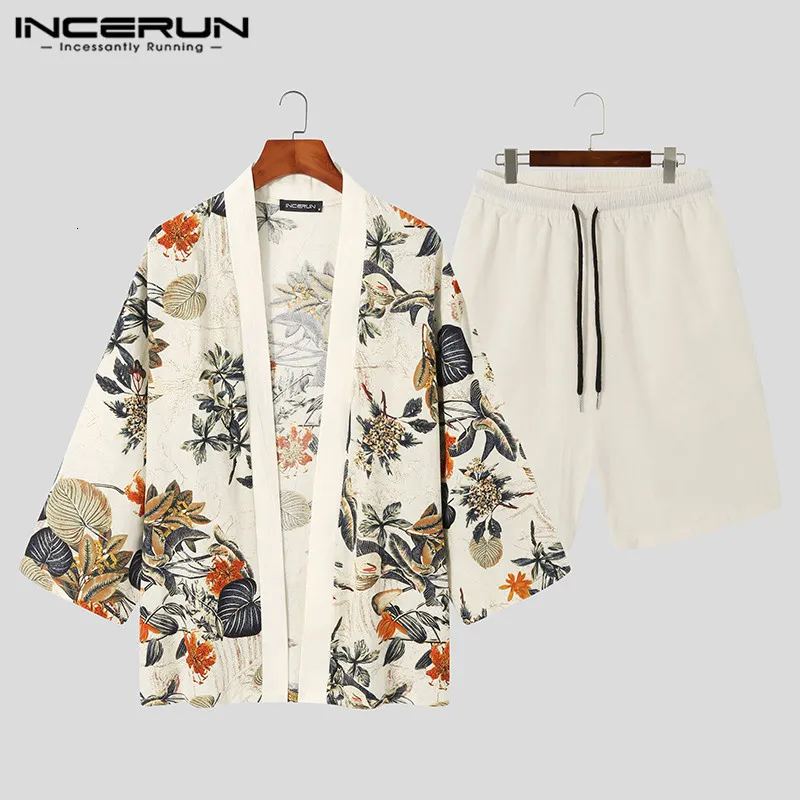 Men's Tracksuits INCERUN Men Sets Printing Streetwear Half Sleeve Open Stitch Shirt Kimono Shorts 2PCS Retro Cotton Men Casual Suits S-5XL 230717
