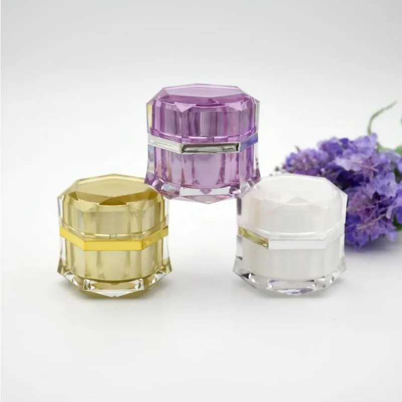 5g 10g forme hexagonale pots acryliques cosmétiques haut de gamme rechargeable crème lotion échantillon pot pot conteneur avec doublures et couvercle à vis 3 couleurs Pdbes