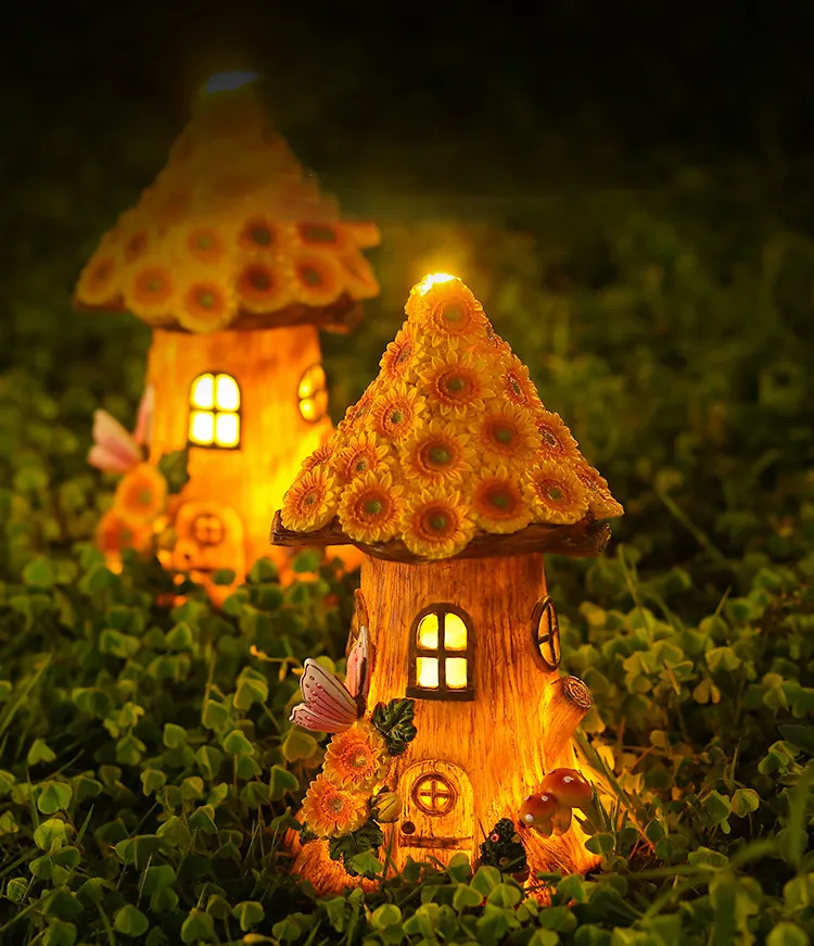 Maison De Fées Solaire Pour Jardin – Résine Décorative – Lumière LED Automatique – 24 X 14,5 Cm – Décoration Extérieure Magique