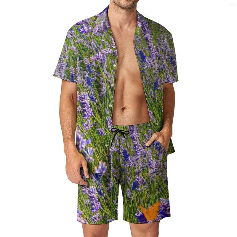 Fatos de treino masculinos Roxo Lavanda Conjuntos masculinos Campo Natureza Planta Calções casuais Conjunto de camisas de moda praia Conjunto de manga curta Design Plus Size Terno