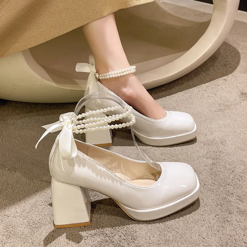 Chaussures Habillées Lucyever Perles Sangle Plate-Forme Pompes Femmes Chaussures De Mode Talons Hauts Blanc Mary Janes Femme À Talons Épais Parti Chaussures De Mariage 230717