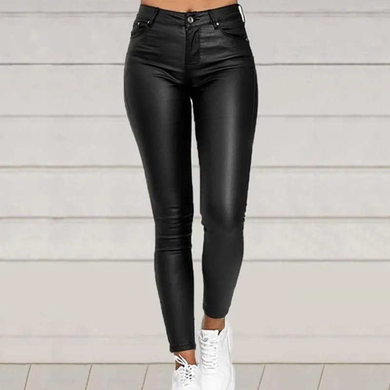 Women's Leggings Women Workout Out Bodycon Trouser Pu Leather Fitness High Waist Pants Solid Button Sexy Slim Pant Plus Size