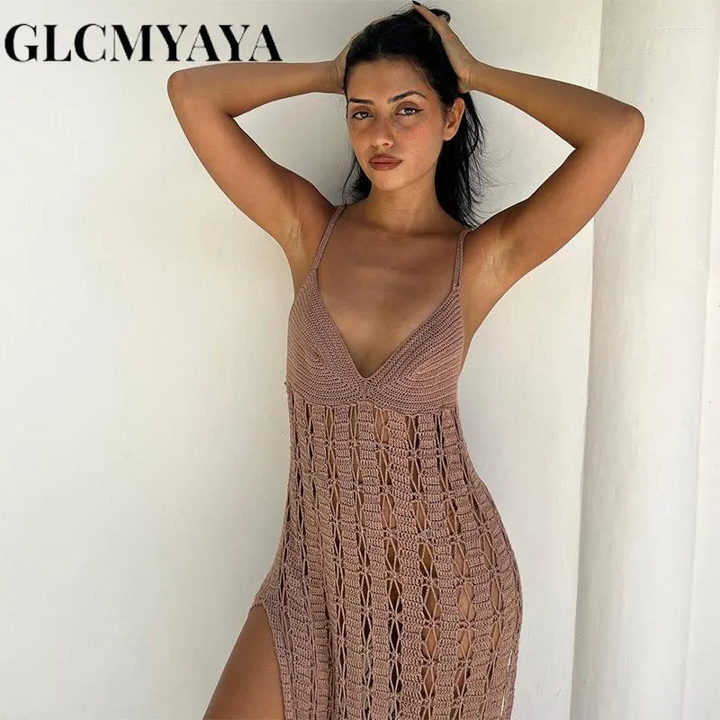 Robes décontractées GLCMYAYA Femmes Mode Tricot Crochet Fleur Fente Creuse Dos Nu Robe Midi 2023 Col En V Sexy Slim Spaghetti Strap A-LINE