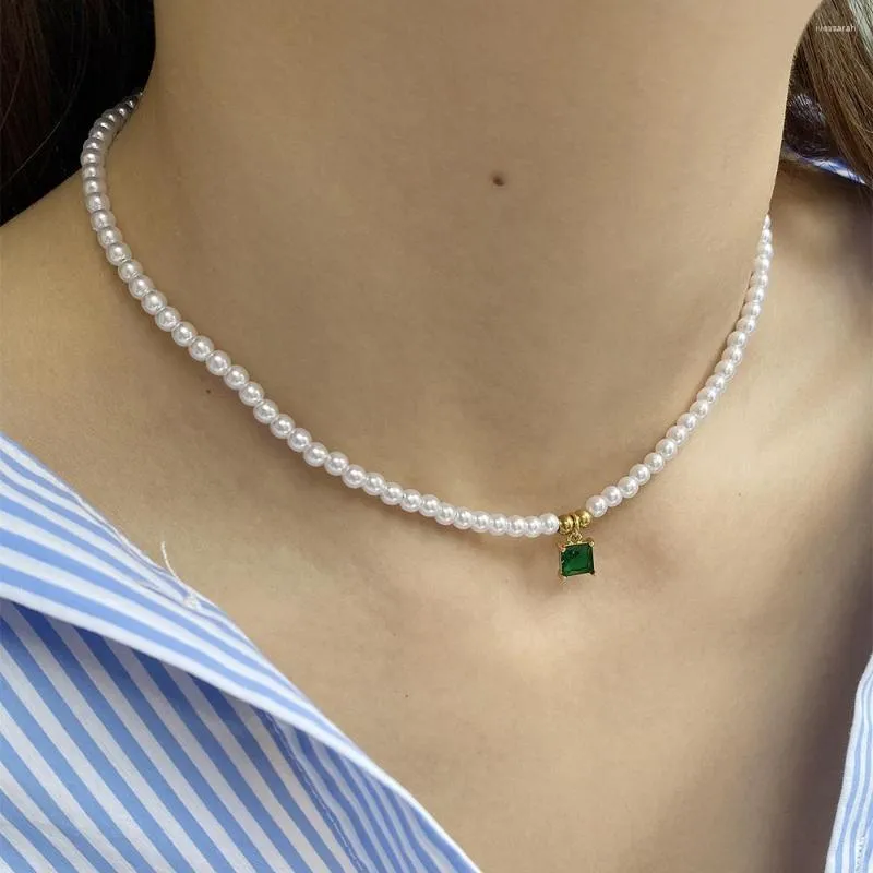 Pendant Necklaces Luxury Square Green Zircon Imitation Pearl Necklace For Women Collar Stainless Steel Clasp