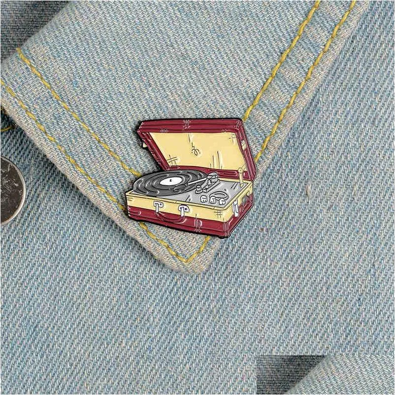 Pins Brooches Suitcase Enamel Pin Record Player Travel No Longer Boring Badge For Women Shirt Bag Lapel Red Yellow Vintage Collecto Dhwwv