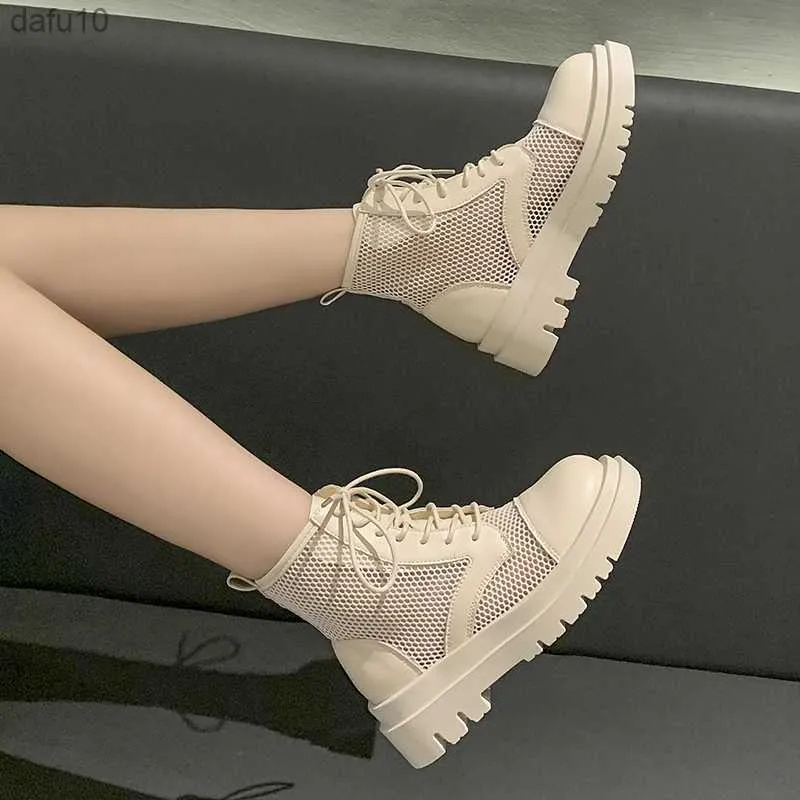 Vrouwen Laarzen Zwart Mesh Laarzen 2023 Nieuwe Punk Gothic Dames Enkel Schoenen Platform Schoenen Vrouwen Zomer Koele Laarzen Dames L230704