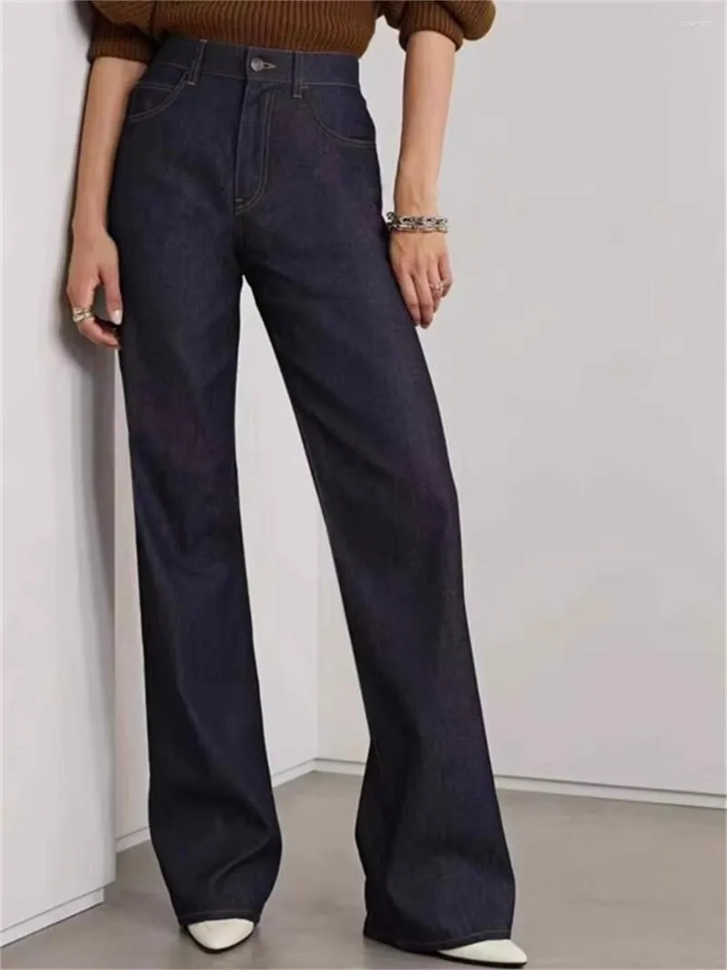 Jeans feminino cintura alta reta feminina calça larga 2023 feminina básica fina calça jeans azul escuro primavera verão