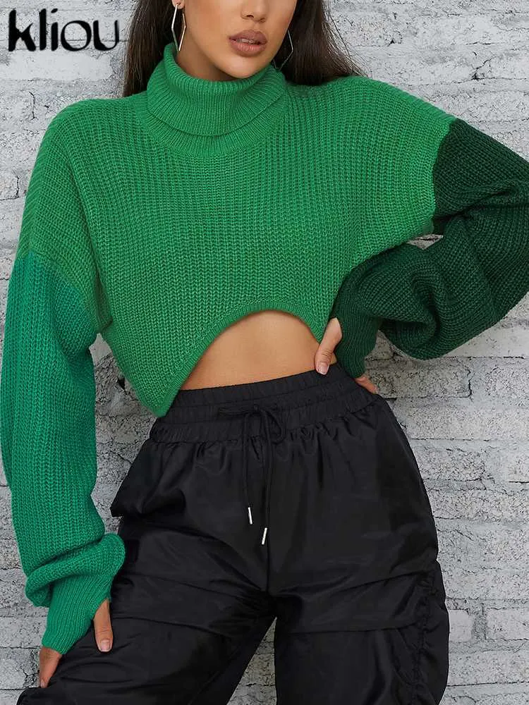 Swetry damskie Kliou Kliou Patchwork SWEATER KOBIET HIPSER Turtleeck luz luźne nieregularne kształt kolorowy dopasowanie uprawy lady Casual Street Clothing L230718