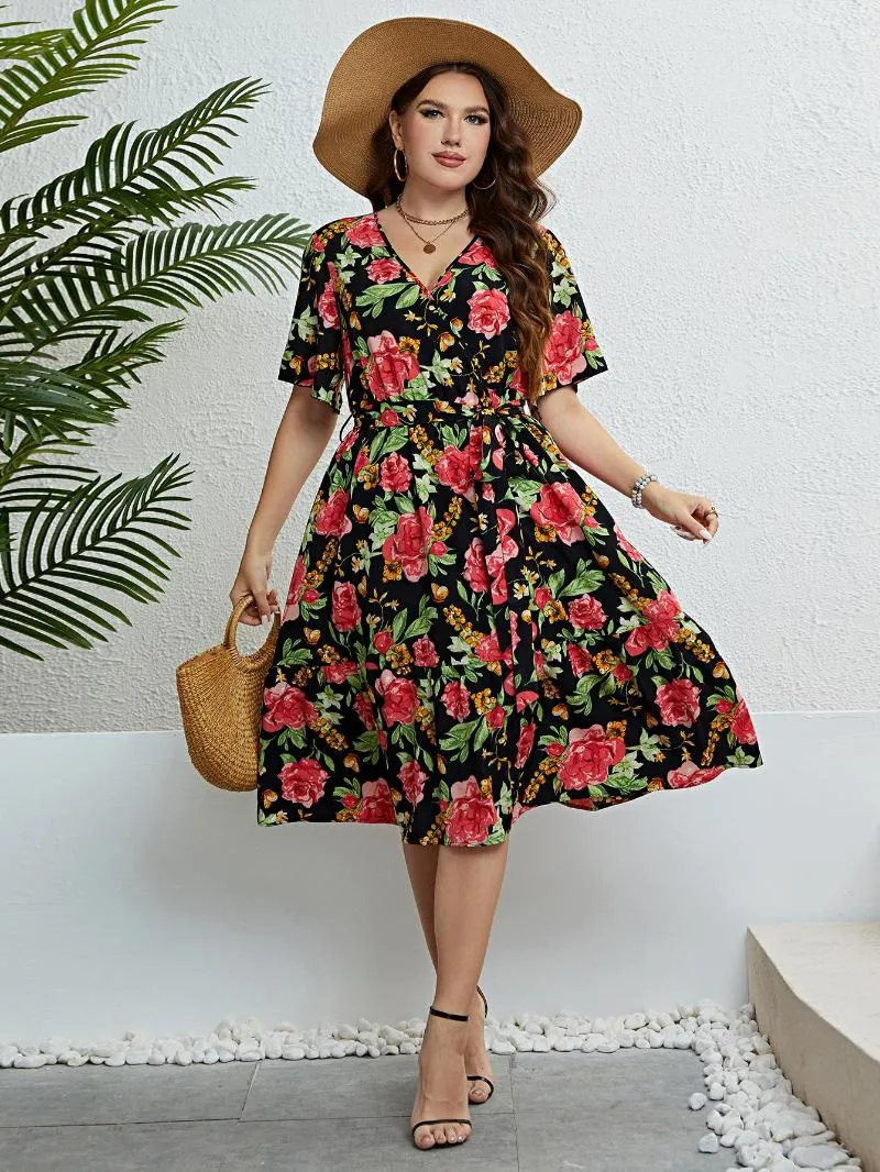 Floral V-Neck Butterfly Sleeve Belted Midi Dress for Women Plus Size Summer Dress Floral Print V Neck Midi: Womens Plus Size Summer  Dresses With Butterfly Sleeves, Belted Boho Beach A Line Dress From  Julia_dress, $53 | DHgate.Com