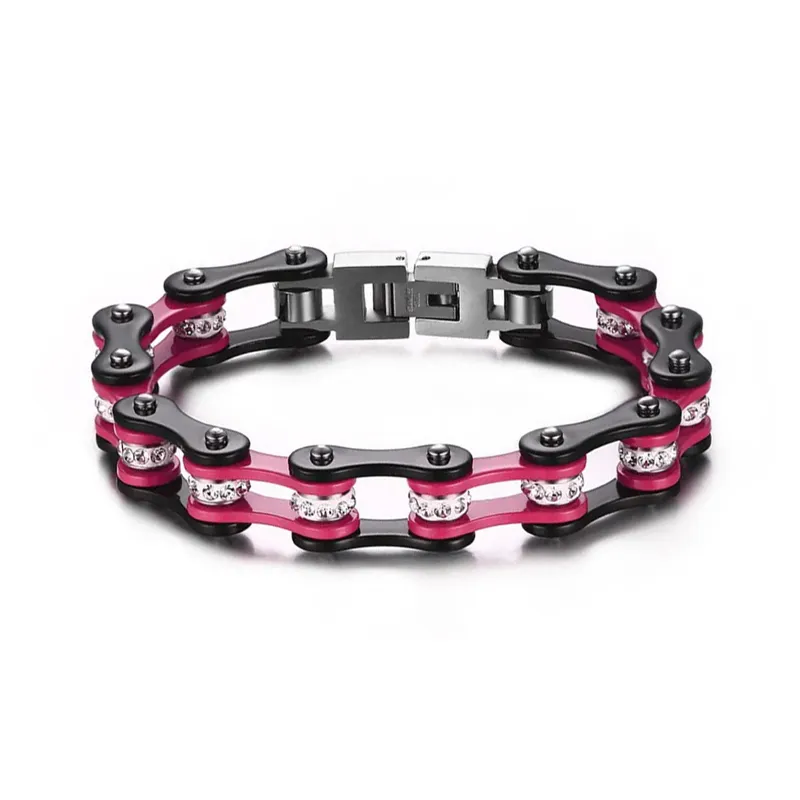 Aço inoxidável masculino feminino correntes de bicicleta de motor pulseira punho pulseiras punk jóias motocicletas cinta rendas na moda strass pulsera