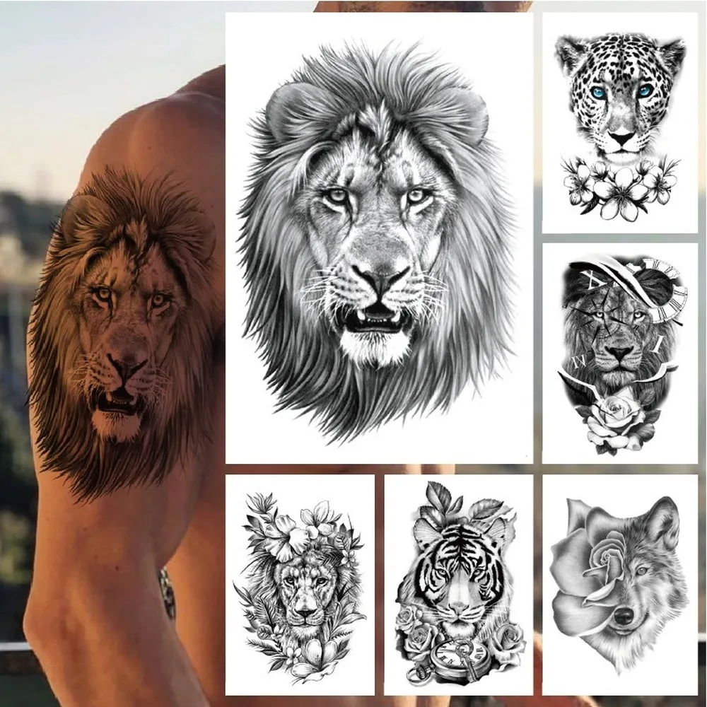 Vattentät tillfällig tatuering Animal Half Arm Tatoo Sticker Lion Tiger Leopard Wolf Head Water Transfer Tatto Sticker Body Makeup