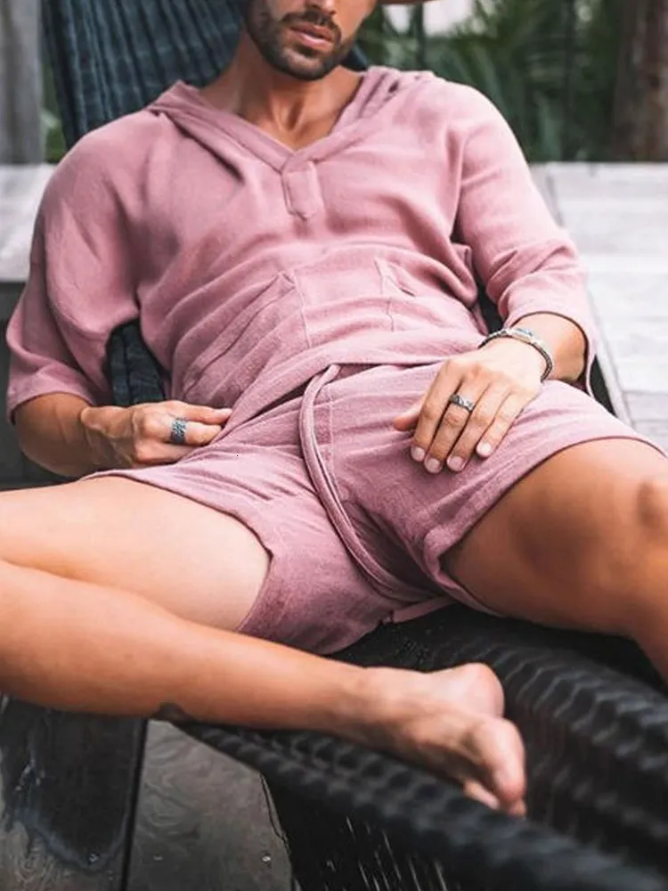 Men's Tracksuits Fashion Men Two Piece Set Casual Cotton Linen Solid Loose Outfits Summer Half Sleeve V Neck T Shirt And Shorts Suits For Mens 230718