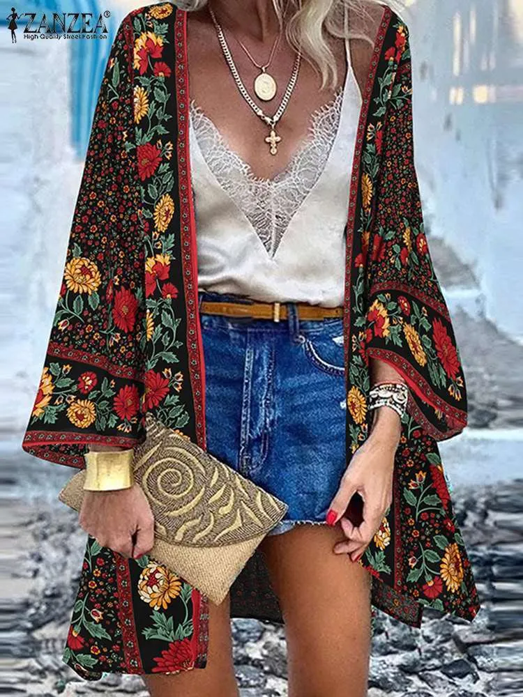 T-shirt Femme ZANZEA Bohemian Women Beach Cardigan Été Floral Imprimé Blouse Kimono Vintage Ouvert Devant Manches Longues Tunique Tops Chemise De Vacances 230718