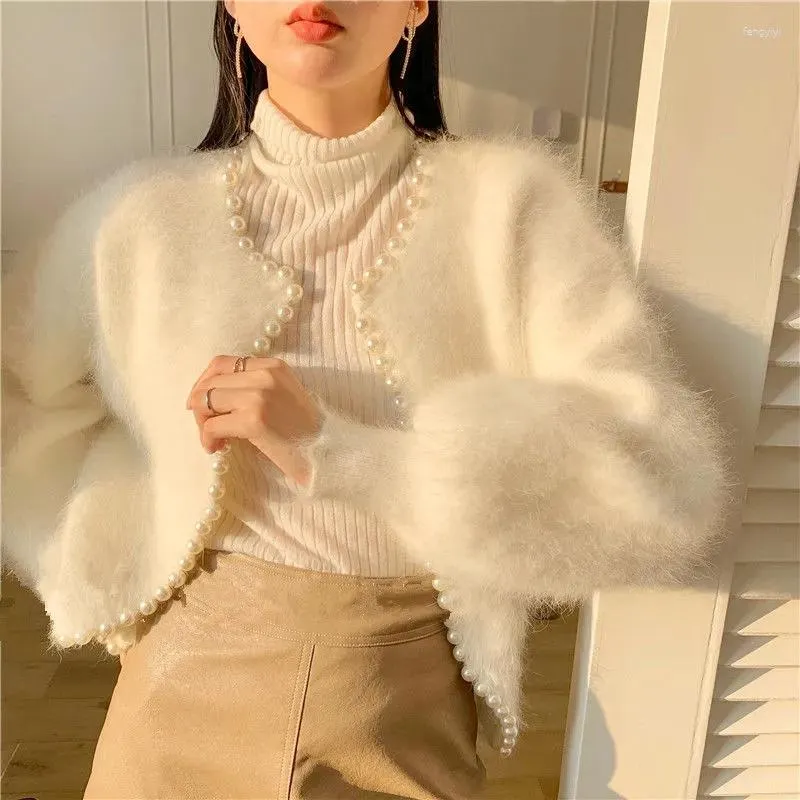 Malha feminina WIGADFHK Elegante Pearl Knitted Cardigã Feminino Sweet Fashion Mink Cashmere Sweater Casaco Jaqueta Cropped Coreana