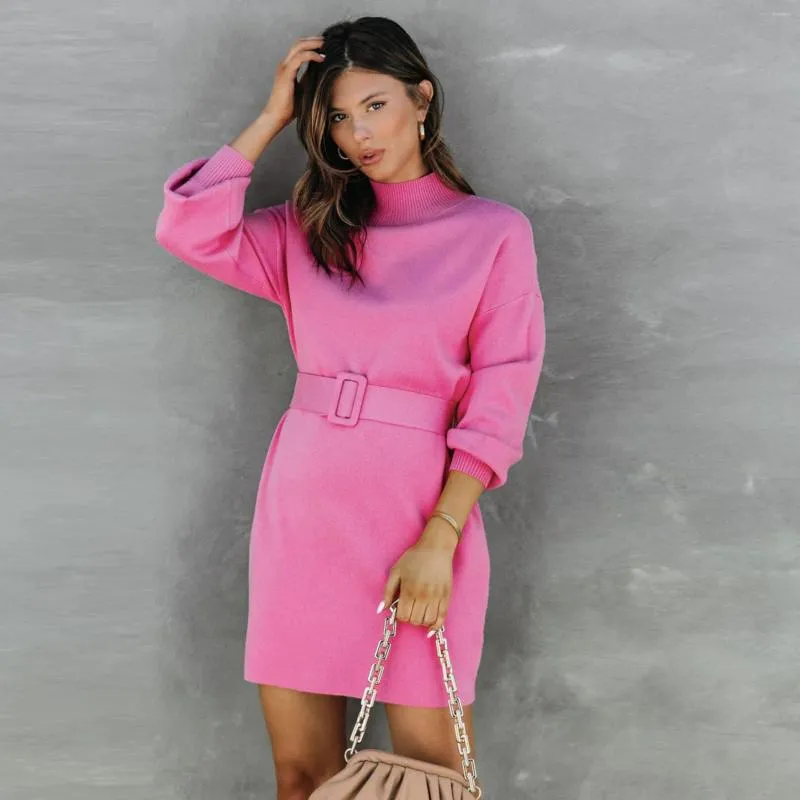 Women's Sweaters Women Turtleneck Long Sleeve Pink Soft Knitted Dress Autumn Casual Basic Bodycon Sweater With Belt Chic Office Lady Outfit