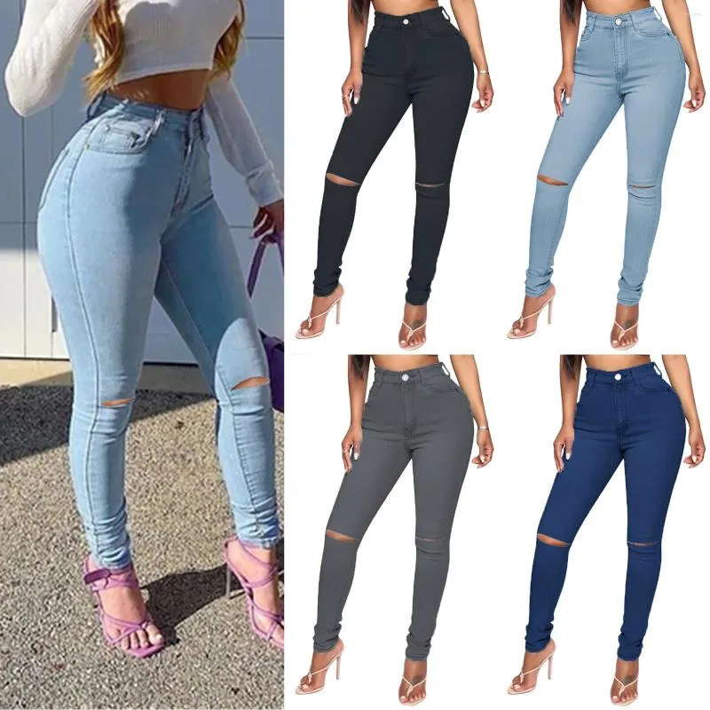 Women's Jeans Denim High Waist Ripped Broken Stretch Button Pencil Pants 90s Vintage Clothes