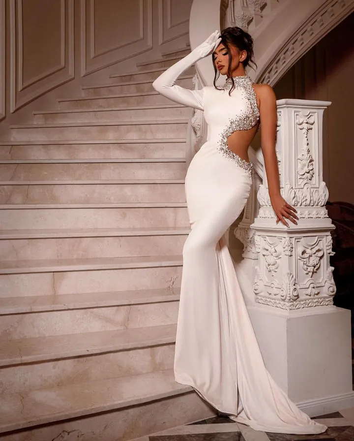 Elegant Luxury Plus Size Sheath Evening Dresses For Women High Jewel Neck One Shoulder Beads Cutout Formal Occasions Pageant Birthday Party Prom Celebrity Gowns