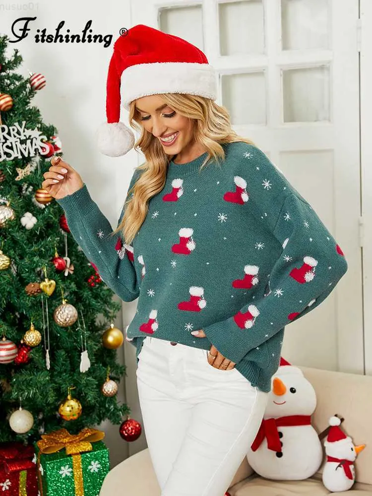 Damenpullover Fitshinling 2022 Neujahr Weihnachtspullover Frauen Winterkleidung Hässliche Weihnachten Grün Rot Tops Strickpullover Mode Pulls Pullover L230718