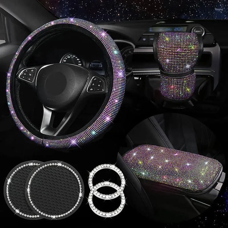 Steering Wheel Covers 7Pcs Bling Car Accessories Set For Women Cover Gear Shift Armrest Mat Cup One-key Start Stickers