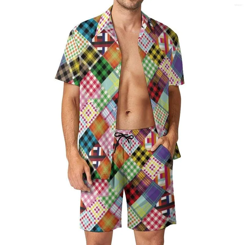 Men's Tracksuits Colorful Patchwork Men Sets Plaid Bohemian Print Casual Shorts Beach Shirt Set Funny Design Suit Short Sleeve Big Size