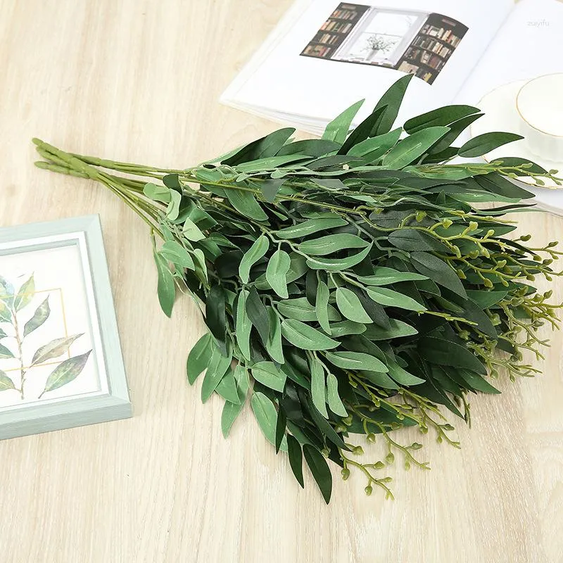 Flores decorativas planta simulada 5 folha de salgueiro bifurcada flor artificial decoração de salão de casamento verde simulação vaso pequeno pacote