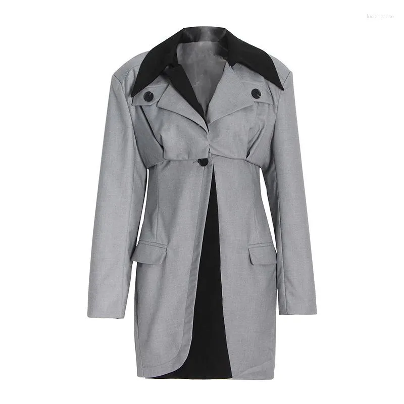 Women's Suits VANOVICH Design Fashion Waist Slim Mid-length Suit 2023 Spring Woman Contrast Color Patchwork Long Sleeve Single Button Coat