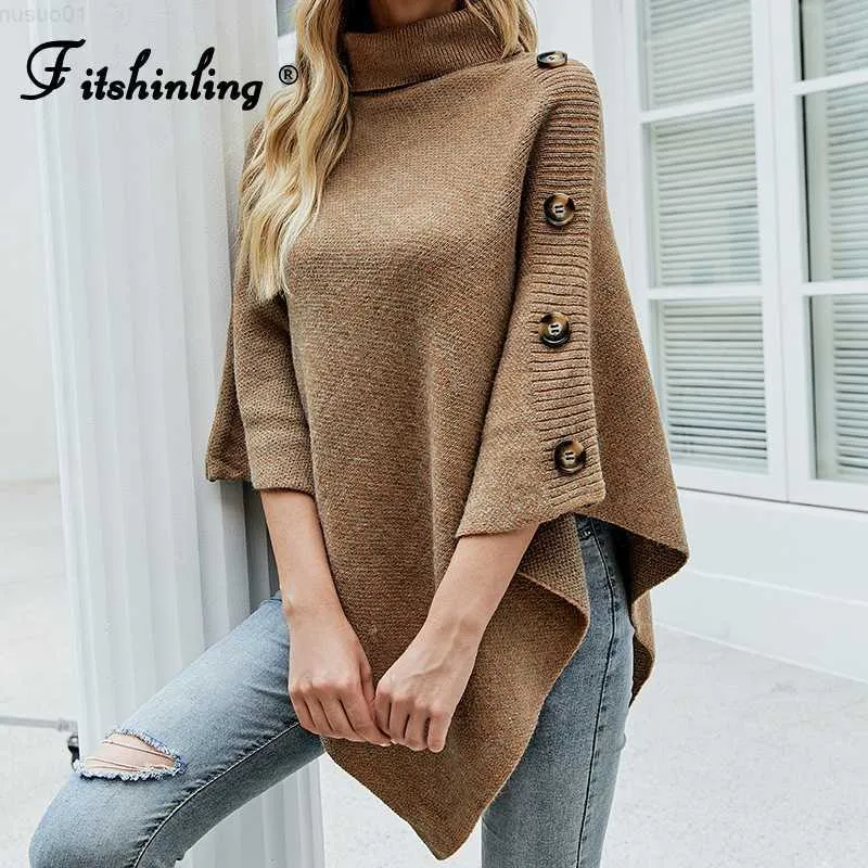 Chandails pour femmes Fitshinling Boutons Vintage Tricoté Poncho Hiver Pull À Col Roulé Bohème Solide Irrégulier Cape Femme Irregelar Shl Nouveau L230718