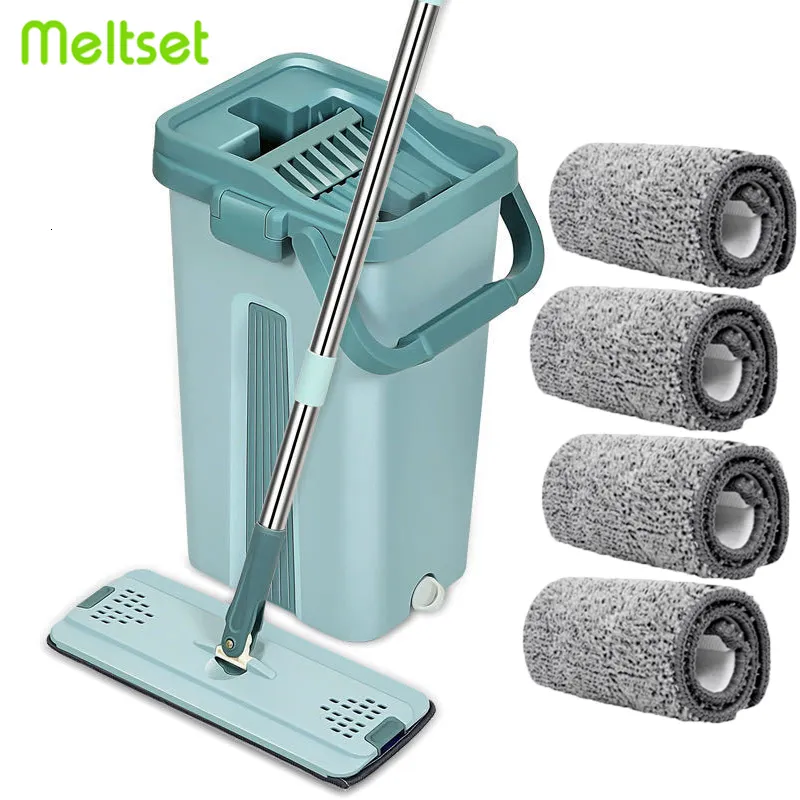 MOPS 360 Roterande platt mopp med hink Microfiber Squeeze Hand Free Wringing Floor Cleaning Kitchen 230717