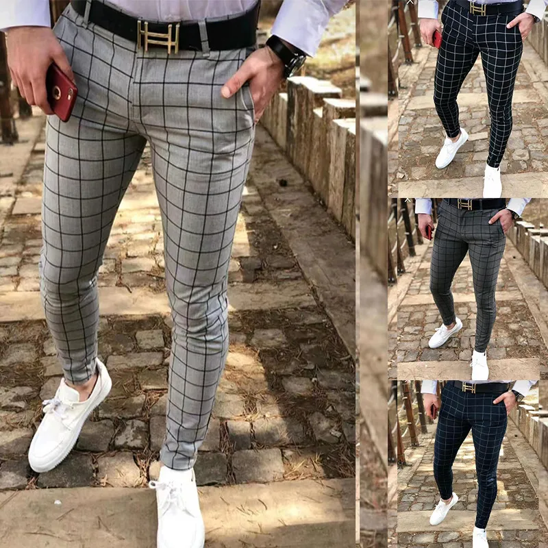 Mensbyxor Y2K MENS PLAIN Elastic Dress Pants Slim Leggings avsmalnande rutig Business Casual 230718