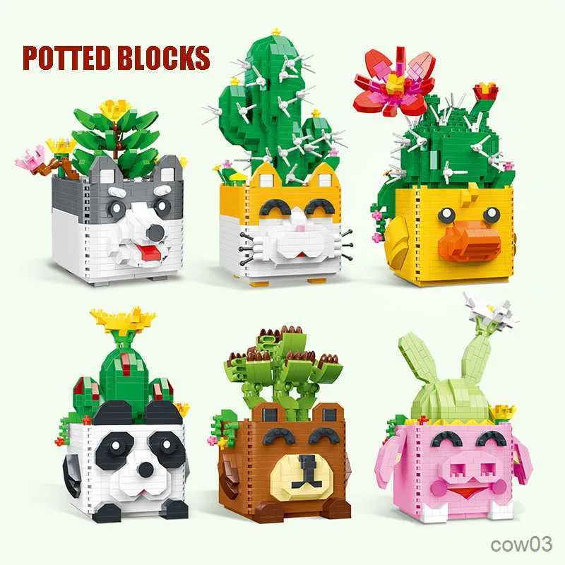 Blokken Leuke Dieren Succulent Ingemaakte Bloemen Bouwstenen Panda Kat Ingemaakte Cactus Model Gemonteerd Bricks Kinderen Gift Speelgoed R230718