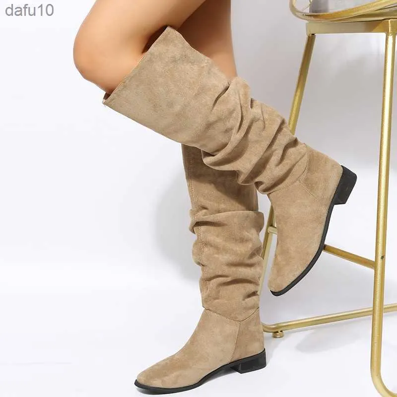 2022 new High Quality Pleated Boots Women Black Nude Faux Suede Flock Knee High Boots Ladies Flat Autumn Winter Dress Shoe 43