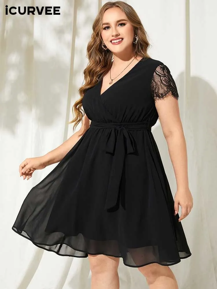 Grundlegende Freizeitkleider ICURVEE Elegantes Minikleid Sommer Plus Size Kurzarm Spitze Chiffon Böhmisches Sommerkleid Sexy V-Ausschnitt Lässige Party Strandrobe 230717