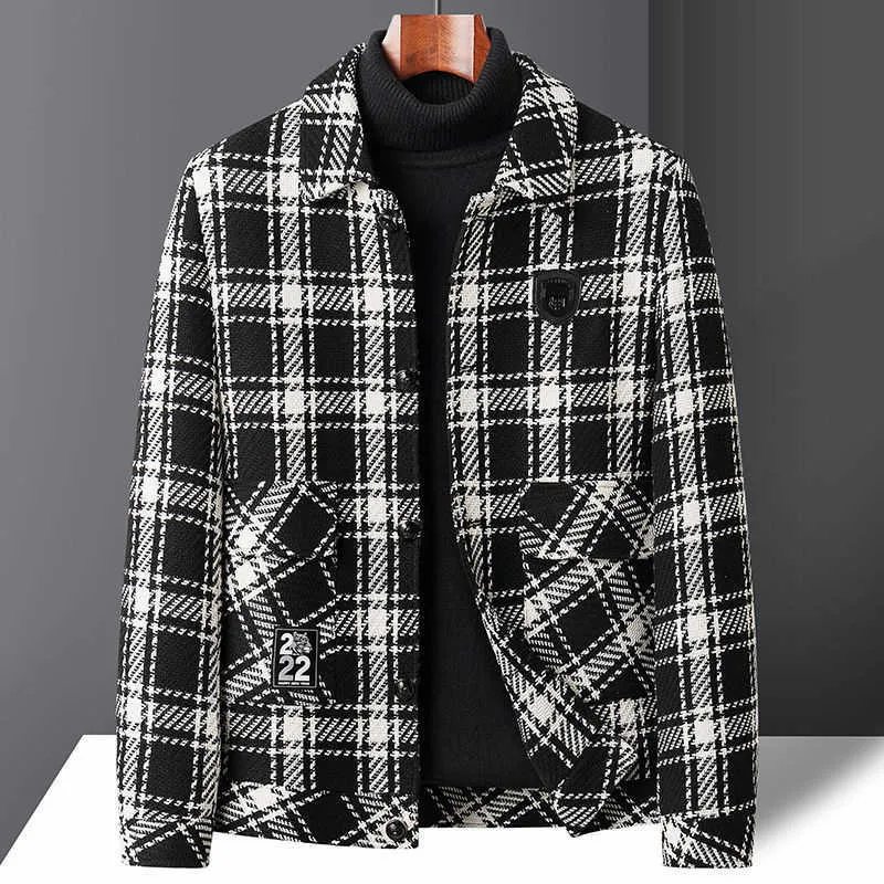 Mezclas de lana para hombres 2023 Steetwear de alta calidad Negro Blanco Plaid Otoño Invierno Hombres Gabardina de lana Chaqueta de celosía de colores contrastantes HKD230718