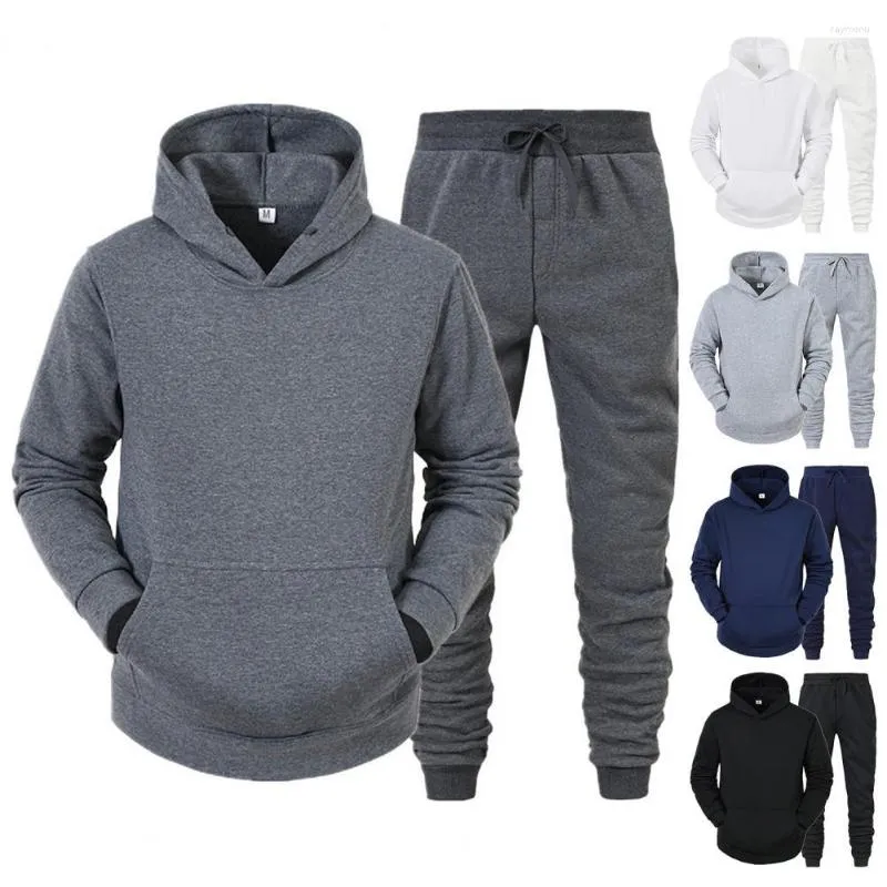 Survêtements pour hommes 2 pièces/ensemble à manches longues taille élastique mi-hauteur épaissi ensemble de vêtements de sport hommes poches d'hiver sweat à capuche pantalon