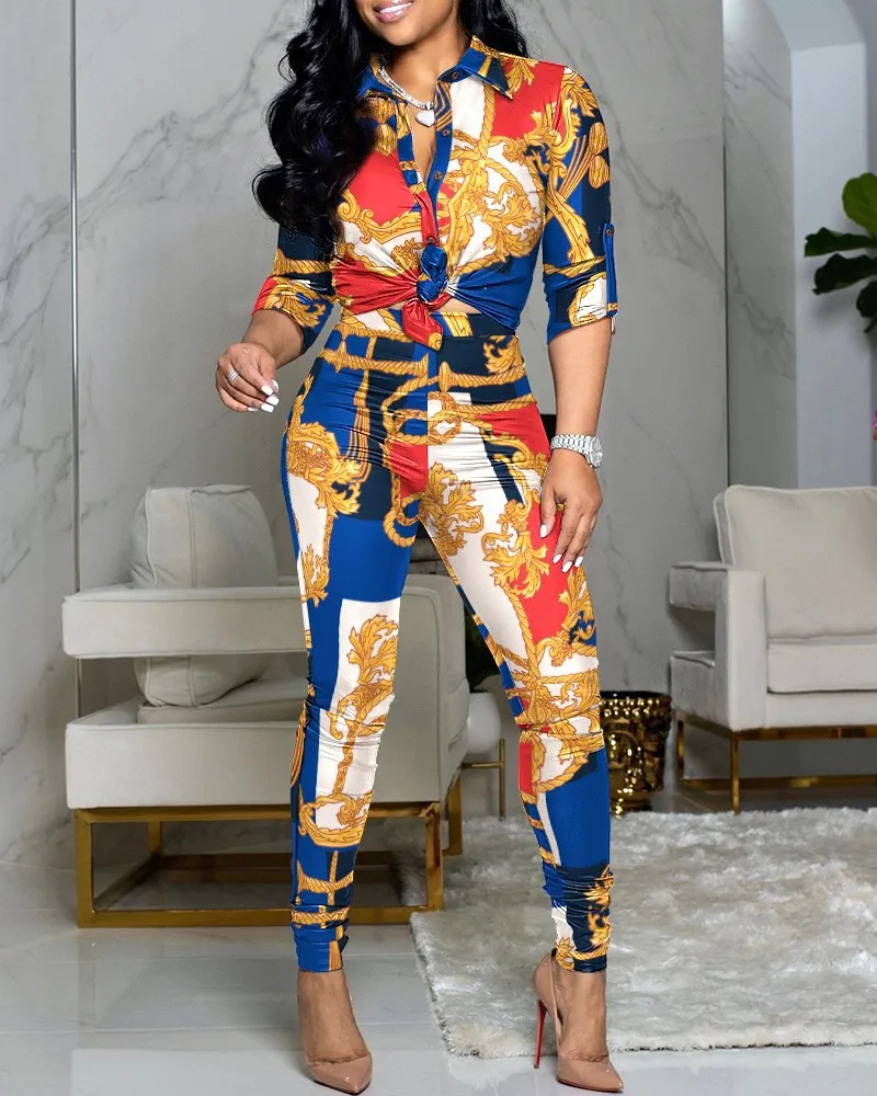 Stylish Womens Casual Suit Set With Printed Patchwork Lapel Shirt