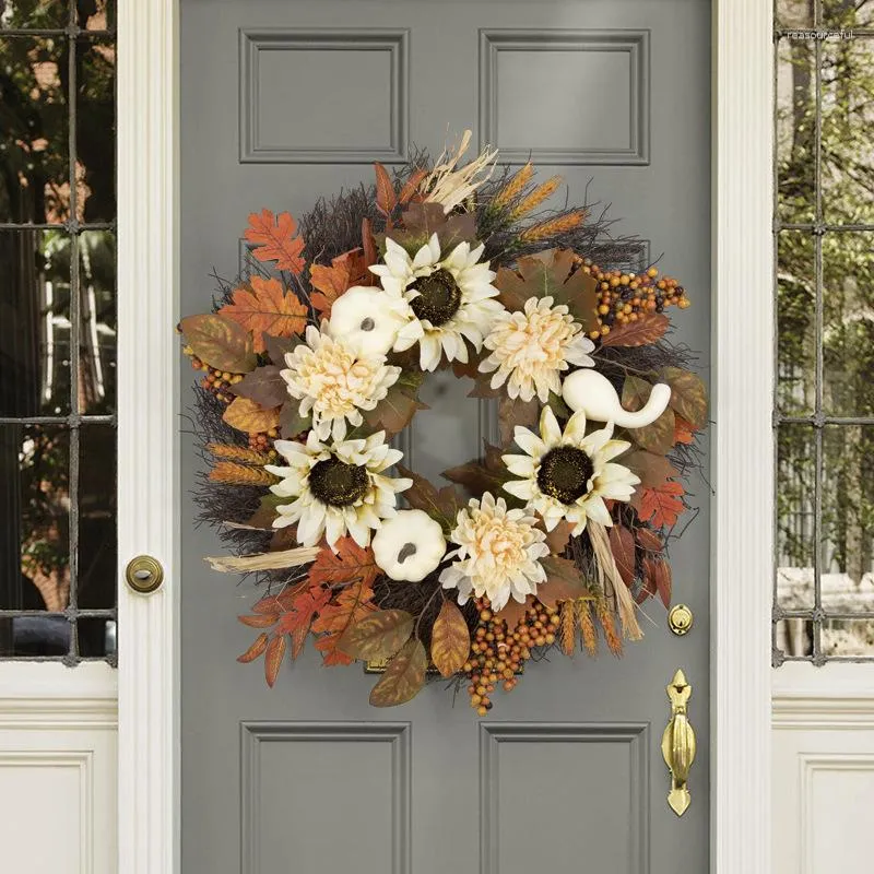Dekorative Blumen, 45 cm, Herbst-Sonnenblumen- und Kürbis-Kranz, herbstliche weiße runde Kränze für Haustür-Halloween-Girlande