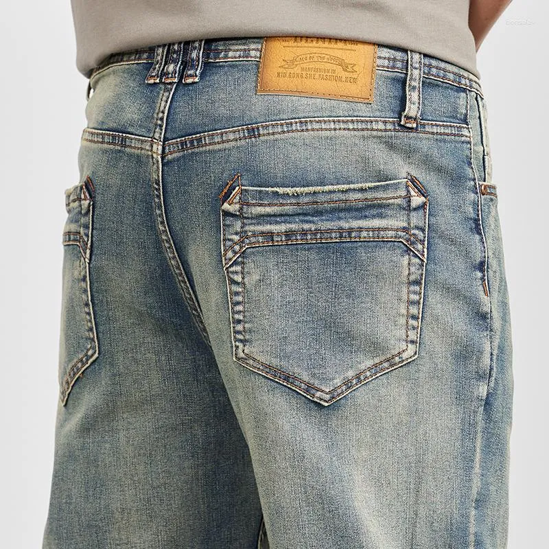 Mäns jeans 2023 Spring Autumn Slim Liten rak stretch vintage dragkedja Löst nostalgiska casualbyxor