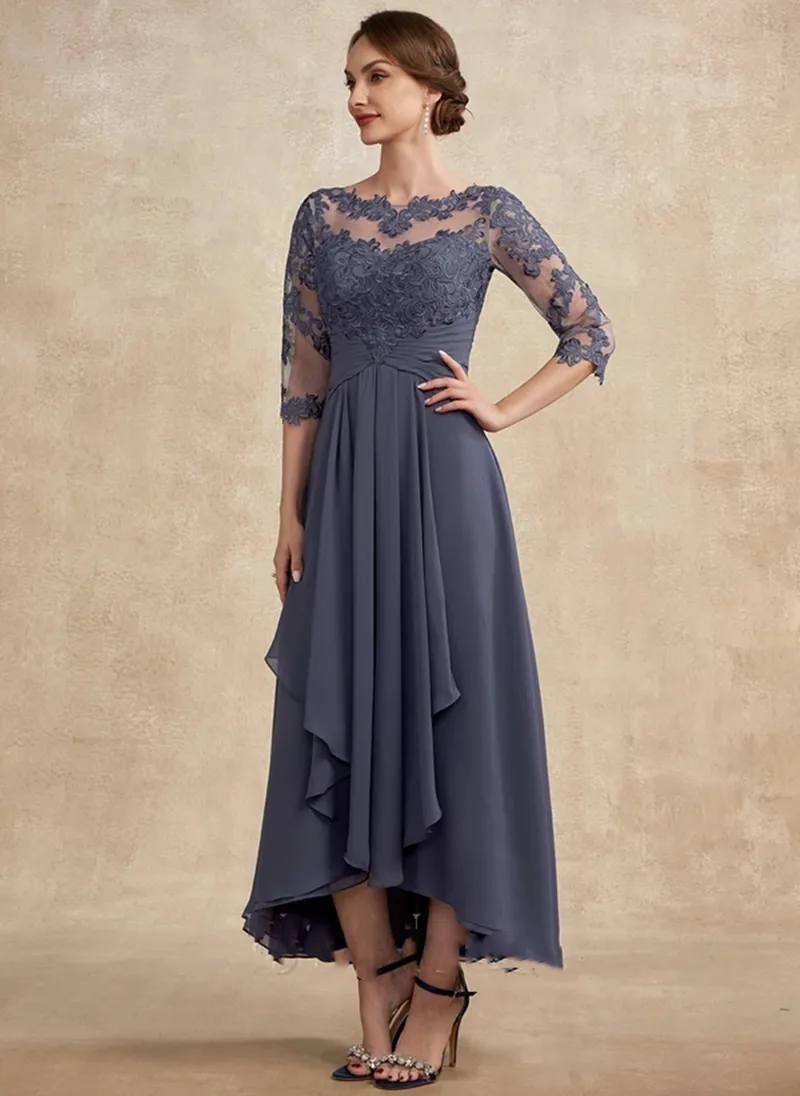 Abiti eleganti per la madre della sposa in chiffon grigio Mezze maniche Appliques in pizzo Taglie forti Abiti da cerimonia per gli invitati Abiti da cerimonia per la mamma dello sposo alto basso