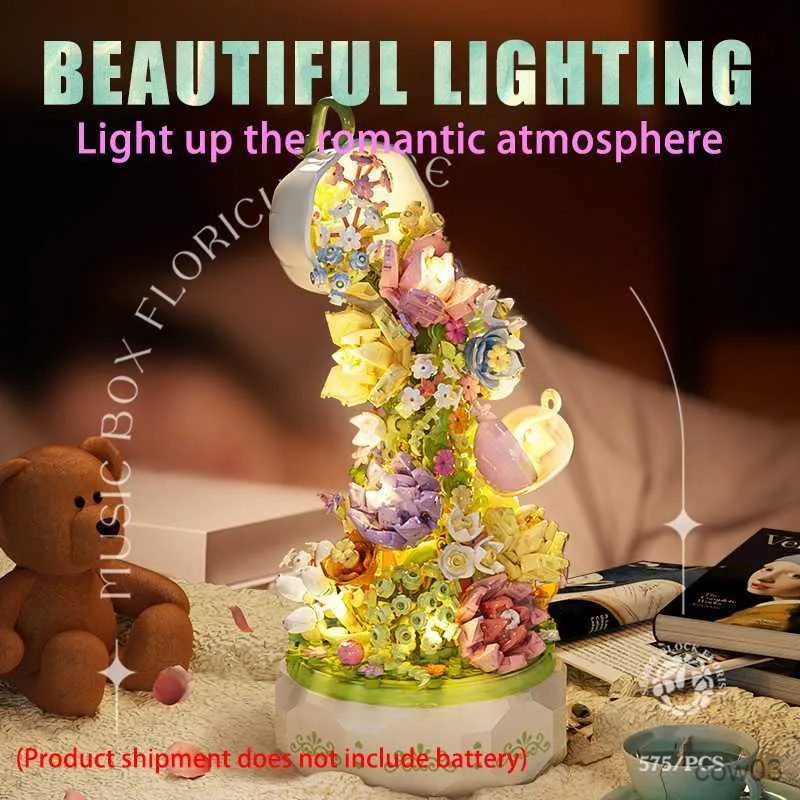 Blocks Romantic Flower Lighting Music Building Block Home Decor Anime Creative Valentine's Day Toys Gifts For Children Adult R230718