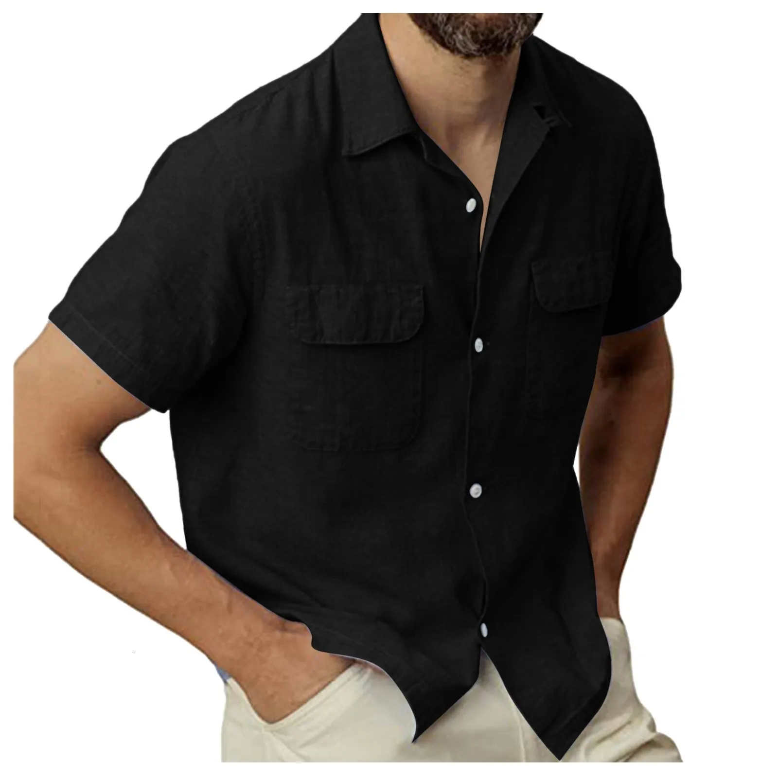 Camisas casuais masculinas Camisa preta fashion Aloha bolso sólido uma camisa de peito algodão e manga curta férias 230718