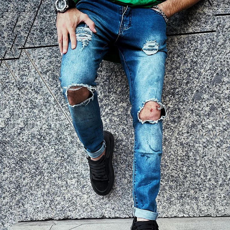 Mäns jeans rippade casual byxor klippta ruttna byxor denim jeans hål knä smala små fötter elastiska 230718