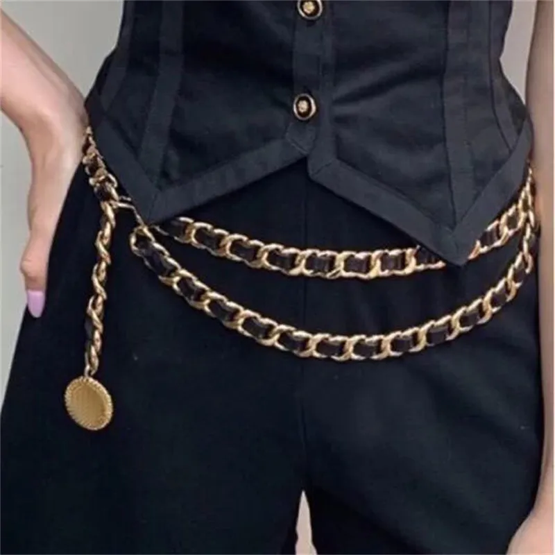 Retro Classic Black Belt with Two Layers of Leather Rope, Gold Waist Chain,  Letter Round Card Pendant, Female Girdle for Skirt or Dress