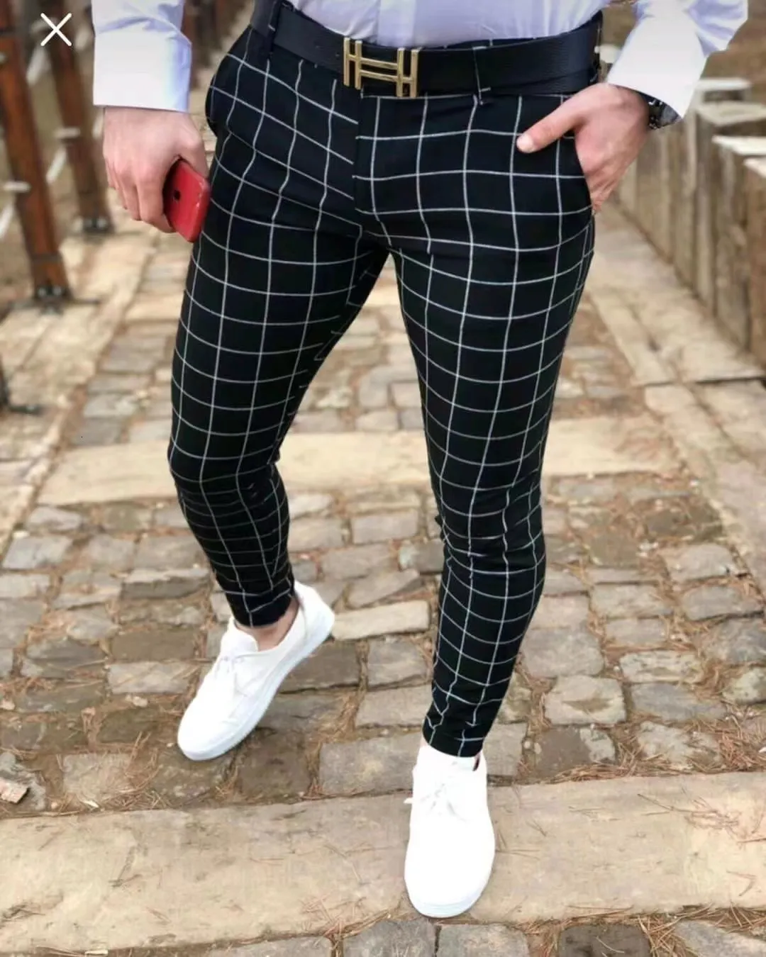 Men's Dress Pants Plaid Slim Fit Stretchy Zip Up Business