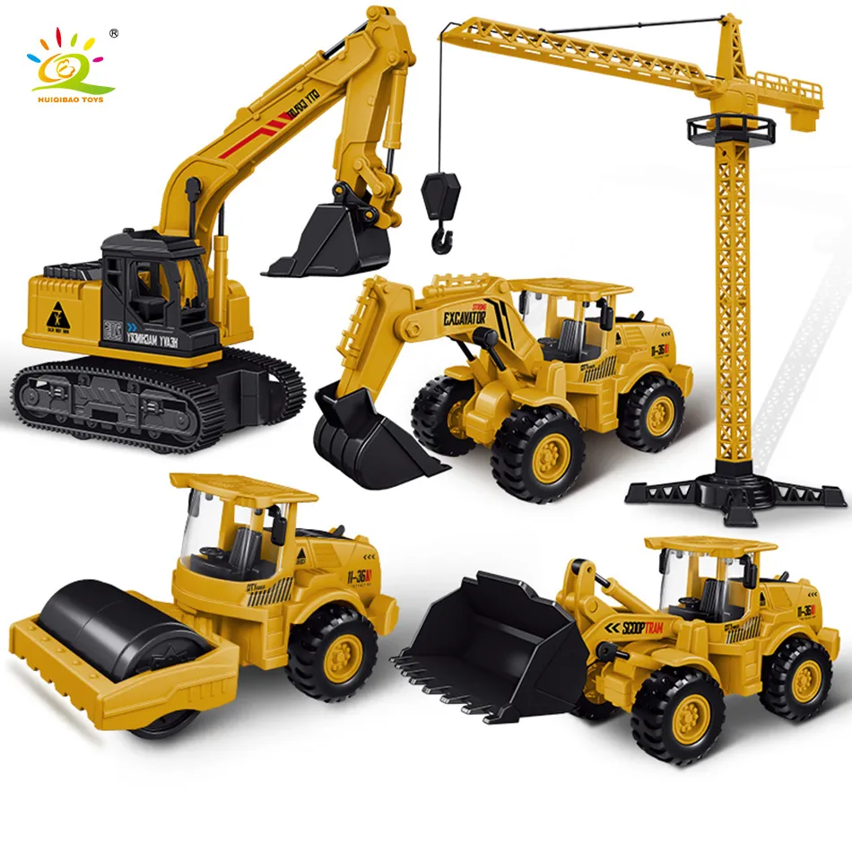 Diecast modelo HUIQIBAO engenharia plástico inércia carro cidade construção escavadeira guindaste caminhão basculante veículos clássicos brinquedos para crianças 230617