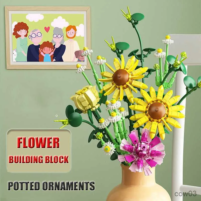 Blocks Romantic Flower Building Blocks DIY Chrysanthemum Rose Bouquet Plant Bonsai Ornaments Children's Toy Bricks Girls Holiday Gifts R230718